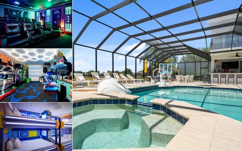Luxury Orlando vacation home with private screened pool, outdoor seating, home theater, and game room