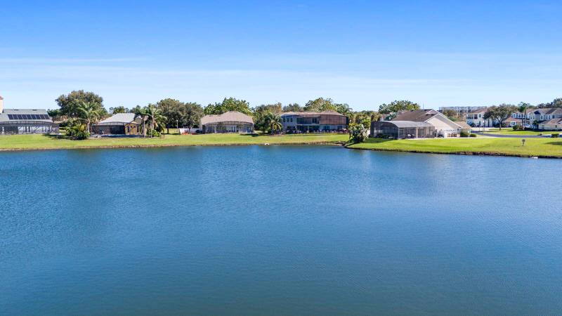 Aerial view of lake in Formosa Gardens Orlando community featuring luxury vacation homes with private pools near Disney